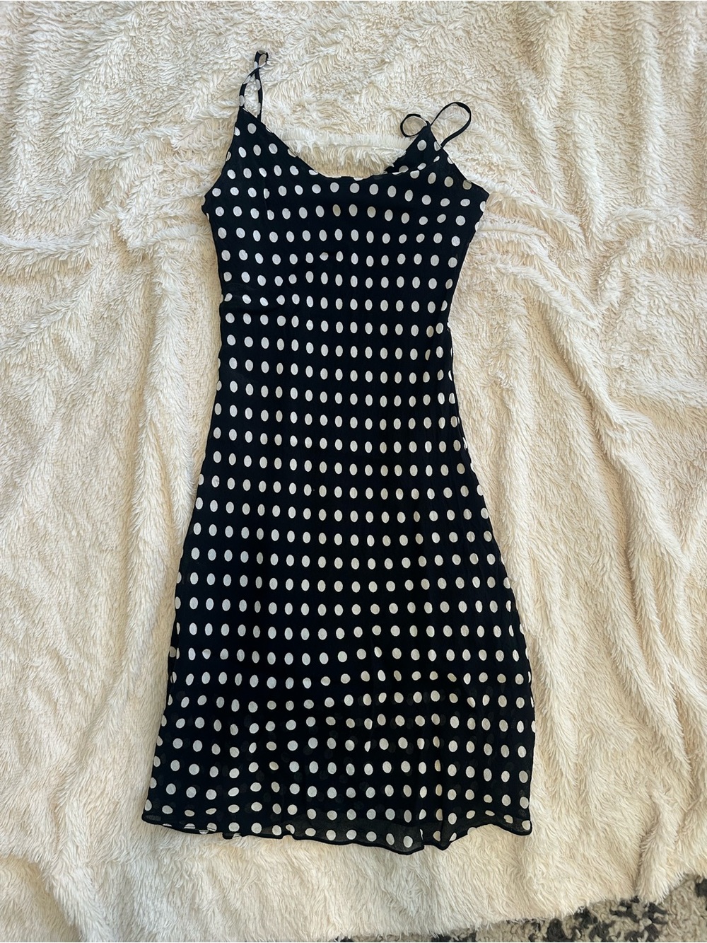 Women's Black Polka Dot Midi Slip Dress - Sleek Spaghetti Strap